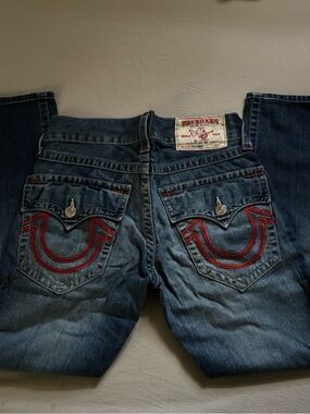 Vintage True Religion Unisex Blue Denim Jeans with Red Stitching